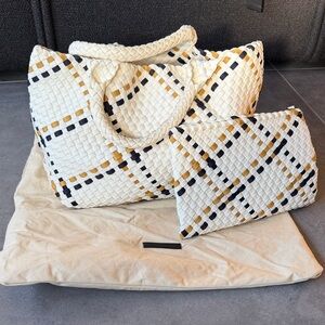 Naghedi White Woven Tote with Black and Mustard Accent